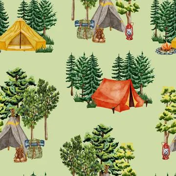 Forest seamless pattern. Wild nature. Camping watercolor seamless background Stock Illustration