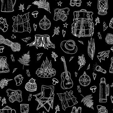 Forest seamless pattern. Wild nature. Camping watercolor seamless background Stock Illustration