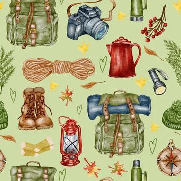 Forest seamless pattern. Wild nature. Camping watercolor seamless backgrou... Stock Photos