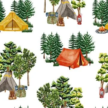Forest seamless pattern. Wild nature. Camping watercolor seamless backgrou... Stock Photos