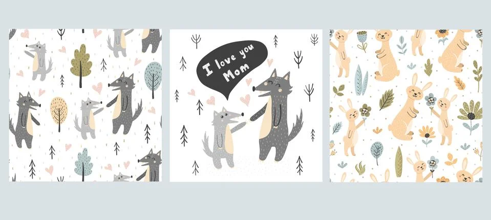 Forest seamless patterns collection. Backgrounds with cute wolves and rabbits Stock Illustration