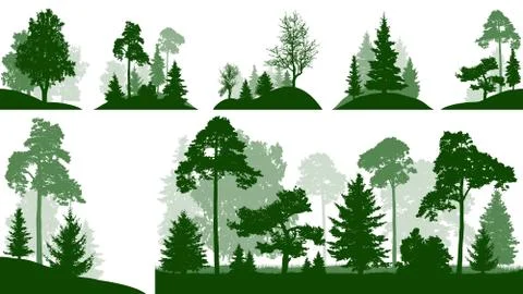 Forest set, trees in the park, silhouette isolated vector Stock Illustration