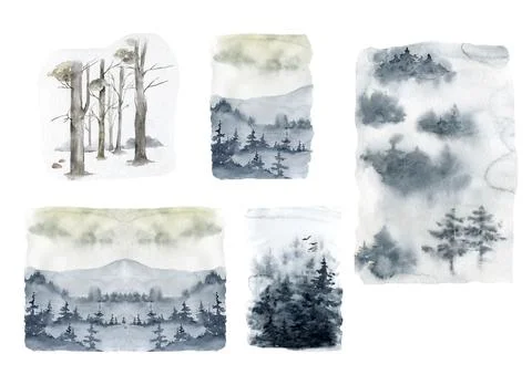 Forest set of wilderness landscape. Template for your design works. Hand drawn Stock Illustration