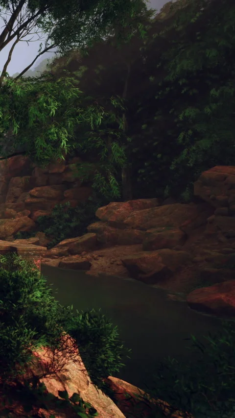 Forest setting near a small stream with rocks and greenery in the background Stock Footage 342188773