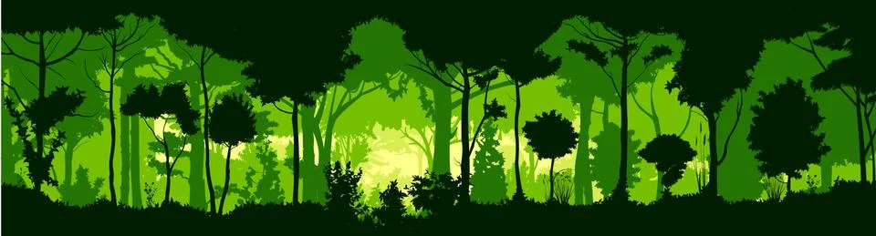 Forest silhouette deciduous. Vector. Summer landscape. Jungle. Illustrazione stock