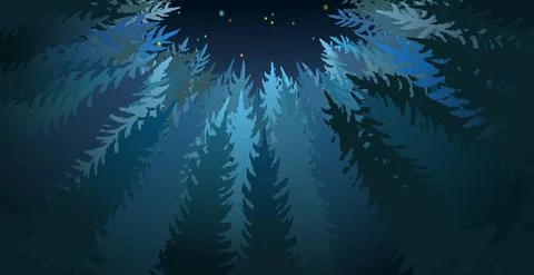 Forest silhouette scene. Bottom up view. A dark clearing among the trees. Lan Stock Illustration
