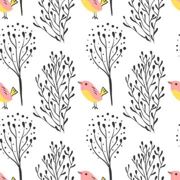 Forest simple sketh drawn hand seamless pattern with birds and forest . For Stock Illustration