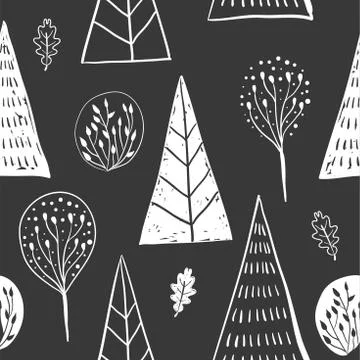Forest simple sketh drawn hand seamless pattern with tree, foliage, coniferous Stock Illustration