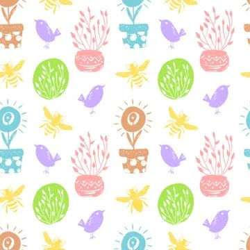 Forest simple sketh drawn hand seamless pattern with birds, beer, home flowers Stock Illustration