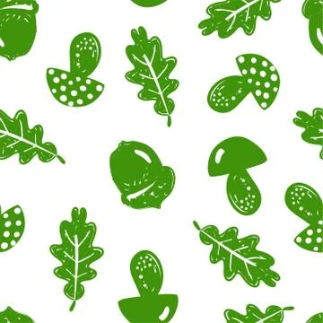 Forest simple sketh drawn by hand pattern with mushroom, acorn, oak, oak leaf 스톡 일러스트