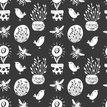 Forest simple sketh drawn hand seamless pattern with birds, beer, home flowers Stock Illustration