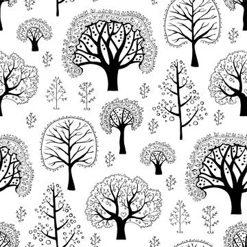 Forest sketch hand drawn pattern. Doodle seamless pattern with creative trees. Stock Illustration