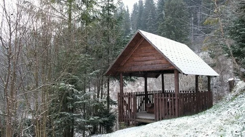 In the forest a small house, it is snowing. Stock Footage 102889882
