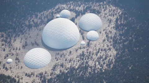 Forest spherical symphony. Aerial circumambulation of giant white architectural Stock Footage 267824902