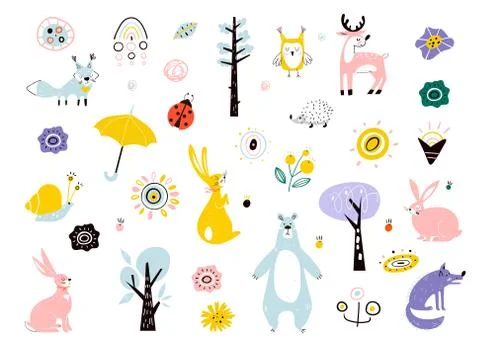 Forest spring animals in children s style . Spring decoration in a flat style Stock Illustration