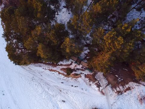 Forest in spring at sunset, when there is still snow in Russia from the heigh Stock Photos