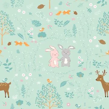Forest on springtime with cute animals seamless pattern,for decorative,kid pr Stock Illustration