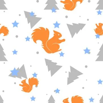 Forest squirrel and fir tree white seamless pattern. Vector background Stock Illustration