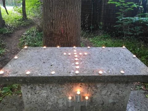 Forest Stone Candle Table Scene Stock-Fotos