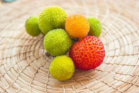 Forest strawberries on a wicker surface Stock Photos