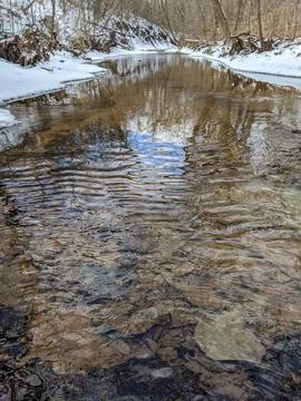 Forest stream flowing through a rocky ravine with banks covered in melting snow Foto stock