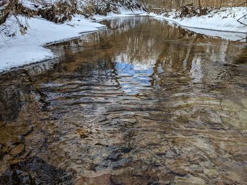 Forest stream flowing through a rocky ravine with banks covered in melting snow Stock Photos
