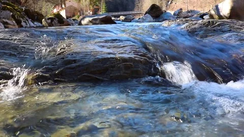 Forest stream running over  rocks . Alpine Stream. Видео 73480073