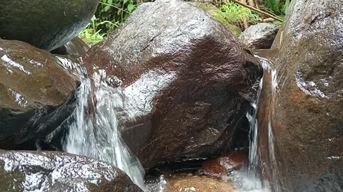 Forest Stream Water Flow Between Large Rocks Close Up Scene Stock Footage 330582730