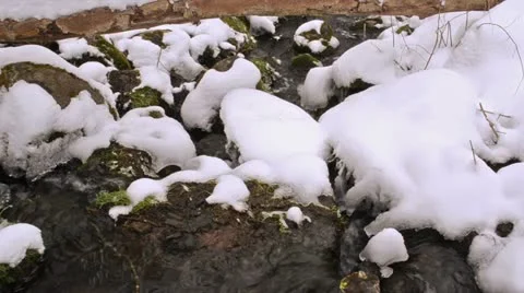 Forest stream water flow stones broken tree trunk snow spring Stock Footage 22425388