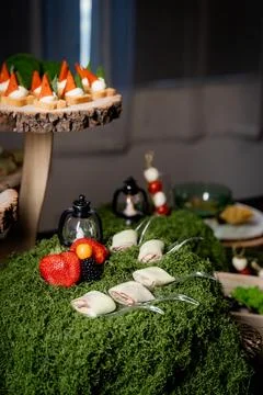 Forest style table setting using moss and green leaves Stock Photos