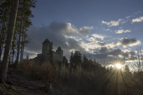 Forest, Sun and Clouds around Castle Kaspersk in the Czech Republic (Timelapse) Video stock 217375122
