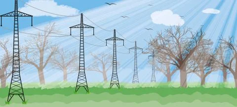 Forest in the sunny day, rays, trees silhouettes Stock-Illustration