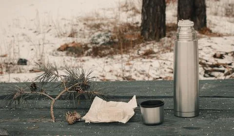 Forest on the table cheese, thermos with a cup Stock Photos