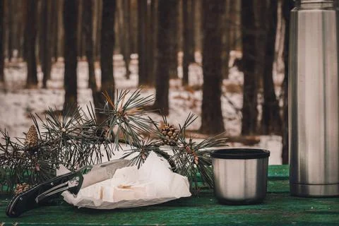 Forest on the table cheese, thermos with a cup Stock Photos
