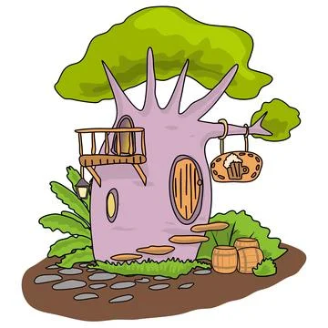 A forest tavern inside a tree trunk. Fantasy cartoon style elven establishment Stock Illustration