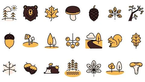 Forest Themed Line Icon Set with Editable Stroke Vector Stock Illustration