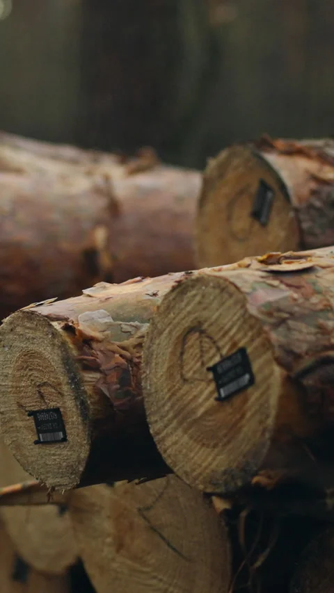 In a forest thicket a heap of freshly cut pine logs rests their ends exposed Stock Footage 338200587