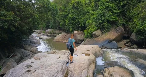 Forest trail along mountain waterfall Stock Footage 89162779