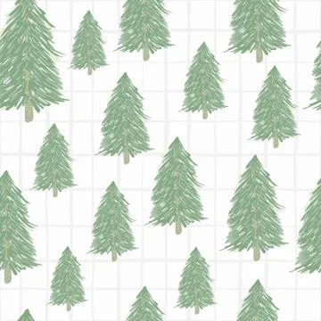 Forest tree elements seamless doodle pattern. Random green forest ornament on Illustrazione stock