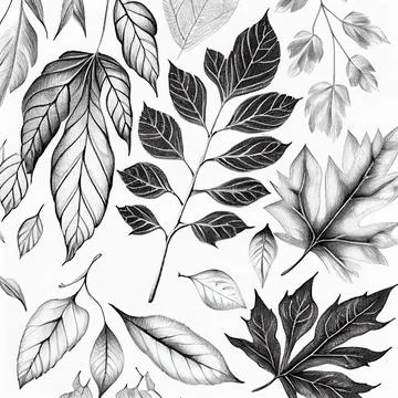 Forest tree leaves pencil sketch pattern on white background. Stock Illustration