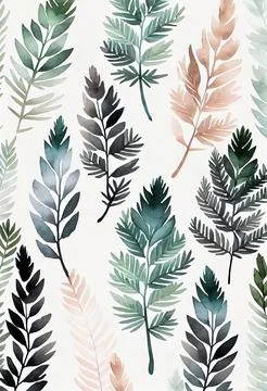 Forest tree leaves watercolor pattern on white background. Stock Illustration
