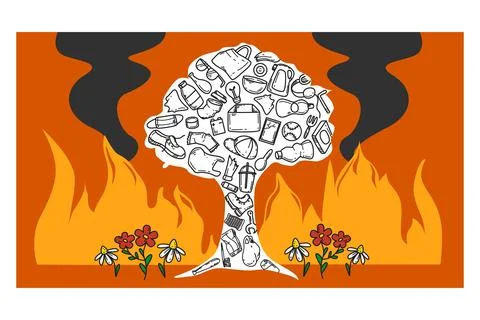 Forest tree silhouette filled with plastic garbage doodle icon in fire Stock Illustration