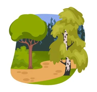 Forest tree. Wild nature landscape. Summer greenery. Path road through wood.. Stock Illustration