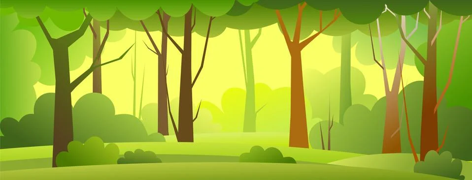 Forest trees background. Glade in the thicket. Beautiful green summer landsca Stock Illustration