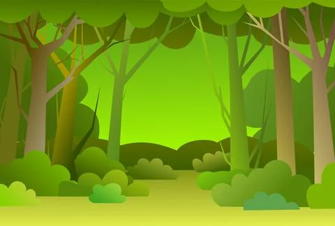 Forest trees background. Glade in the thicket. Beautiful green summer landsca Stock Illustration