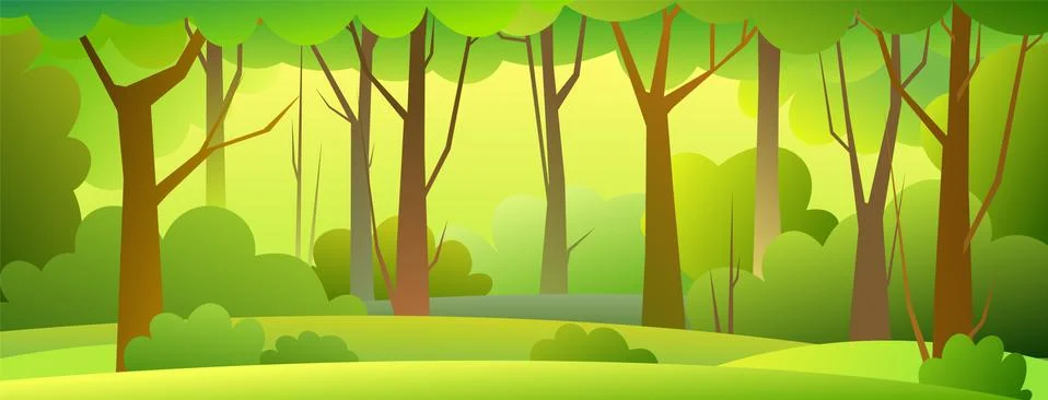 Forest trees background. Glade in the thicket. Beautiful green summer landsca Stock Illustration