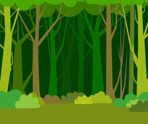 Forest trees background. Glade in the thicket. Beautiful green summer landsca Stock Illustration