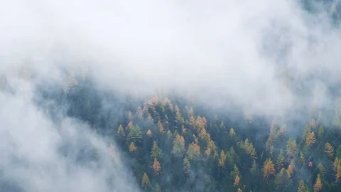 Forest trees with clouds and mist fog  and red ski lift in Dolomites 库存影片 86289119