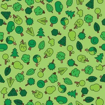Forest trees, evergreens coniferous trees and pine on green seamless pattern 스톡 일러스트