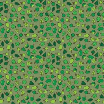 Forest trees, evergreens coniferous trees and pine on green seamless pattern Illustrazione stock